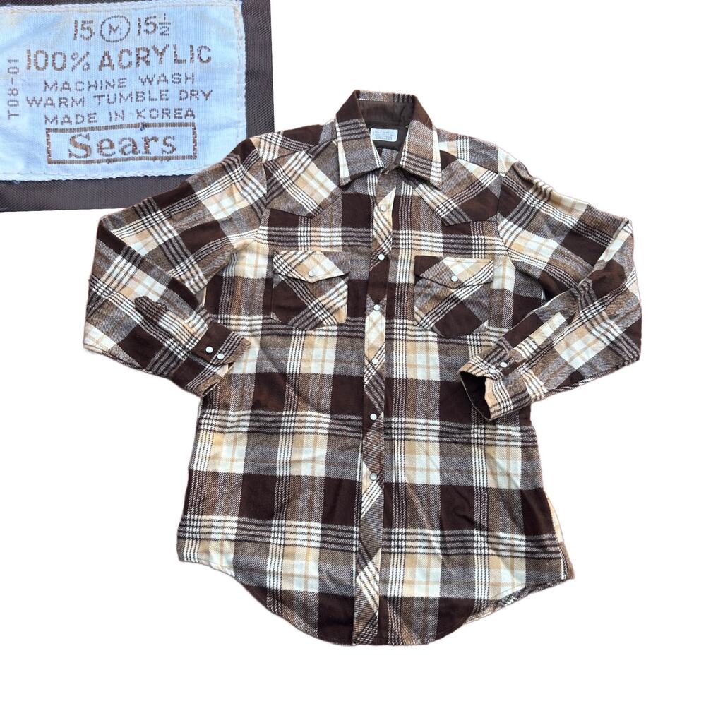 1970s Sears Brown Plaid Soft Flannel Snap Pear Button Western Shirt / Medium*